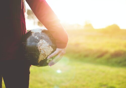 person holding black and brown globe ball while standing on grass land golden hour photography